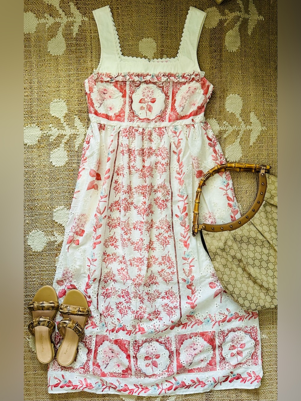 LOVE! NWT Americana Hydrangea Eyelet Ruffle Cotton Midi Dress Tuckernuck S M L - Picture 2 of 11